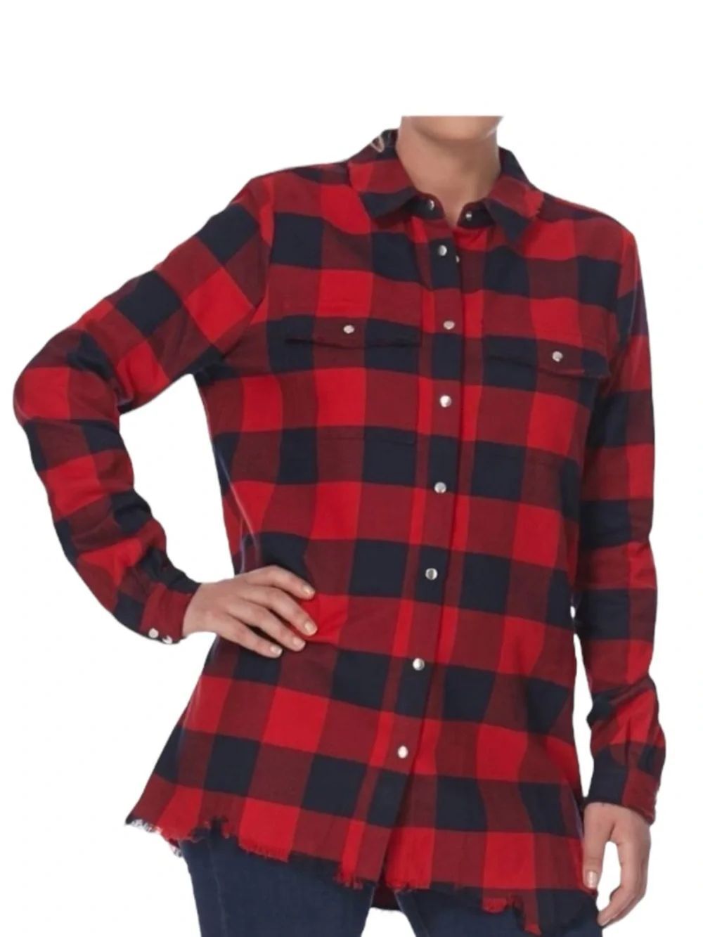 ZOE KARSSEN Buffalo Plaid Check Raw Hem Snap Button Shirt M